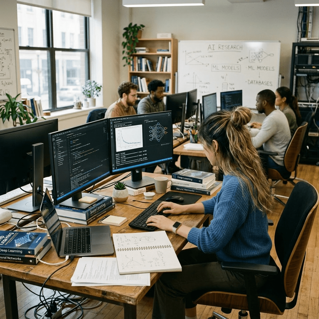 Girl working on AI, face not visible